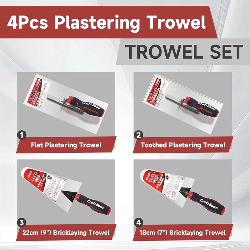 CRAFTZONE 4 Pieces Concrete & Trowel Masonry Set - High Carbon Steel Plastering | Bricklaying Tools for Drywall Asphalt - Includes Flat & Notched Trowels & 7"/9" Brick Trowels with Soft Grip Handle - Image 4